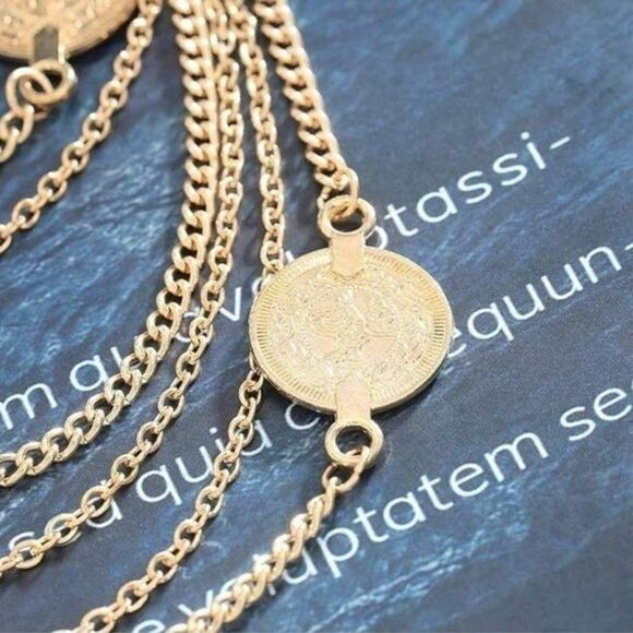 Yellow Gold Multilayered Adjustable Boho Coin Anklet Foot Chains - Set of 2 - Picture 5 of 6